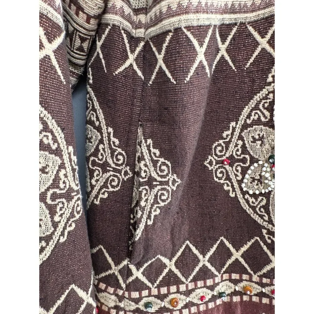 90s Vintage Jacket Womens Medium Brown Tapestry Button Beaded Boho Cottage
